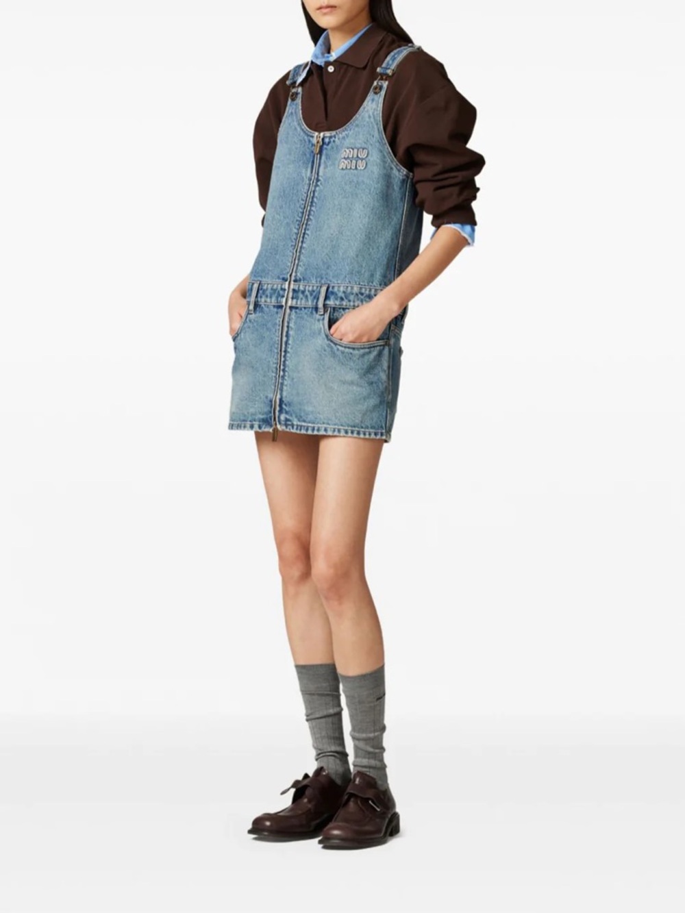 Miu Miu Denim Zip-Front Pinafore mini Dress jumper Coachella sold out rare luxe - Picture 2 of 12